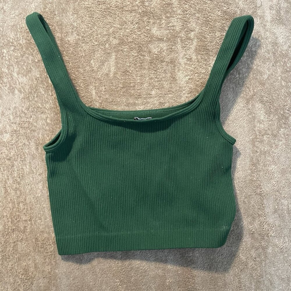 Zara Crop Top Womens XS Emerald Green Ribbed Tank Short Sleeveless Stretch - Picture 3 of 5